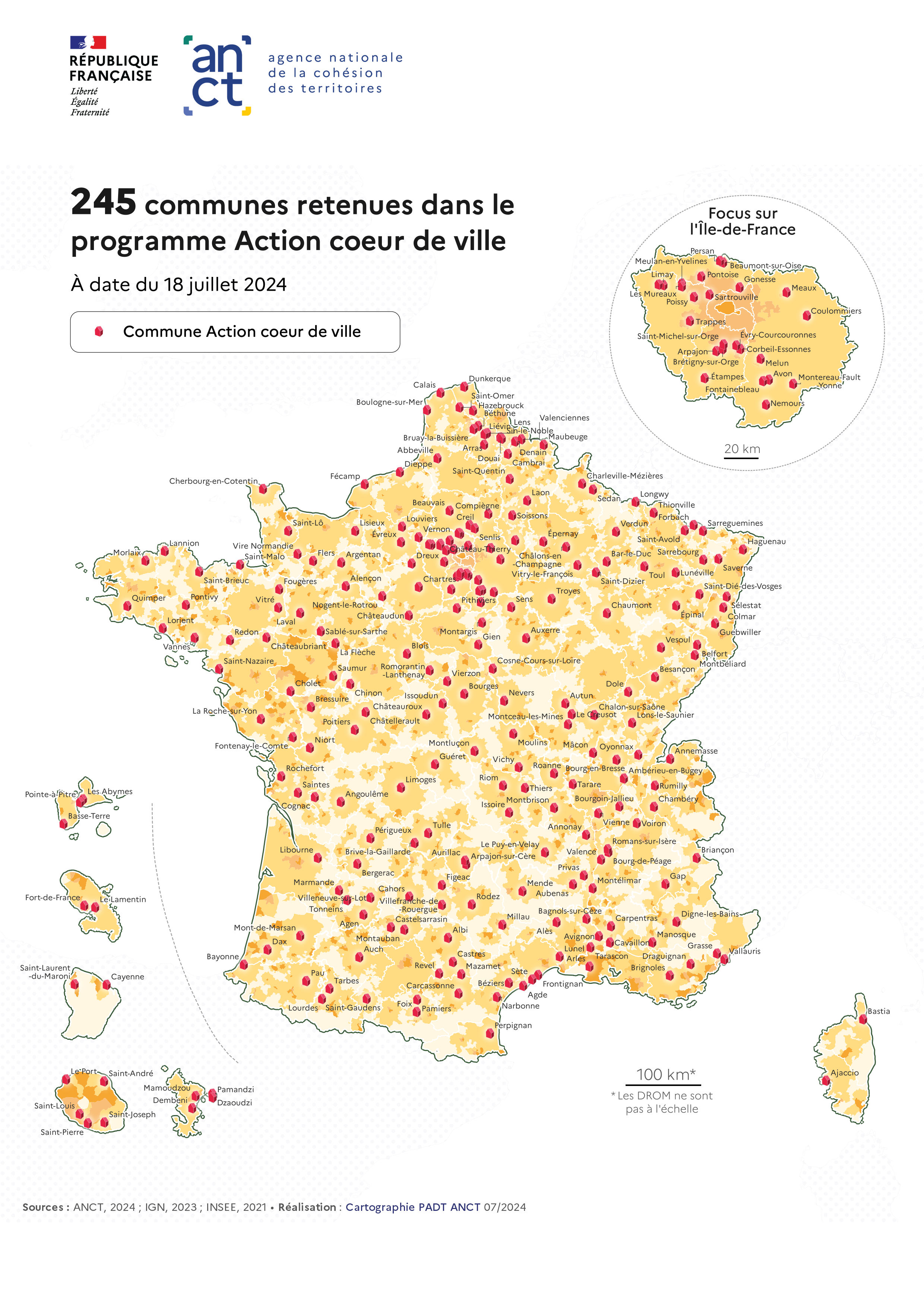 Carte des villes du programme Action Cœur de Ville en France